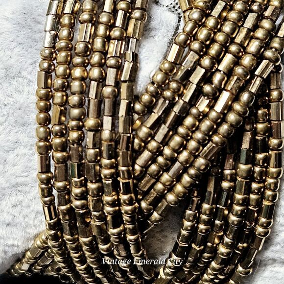 Vtg Metallic Bronze Gold Y2K 90s Striped Pretzel Memory Wire Cuff Bead Bracelet - Picture 9 of 12